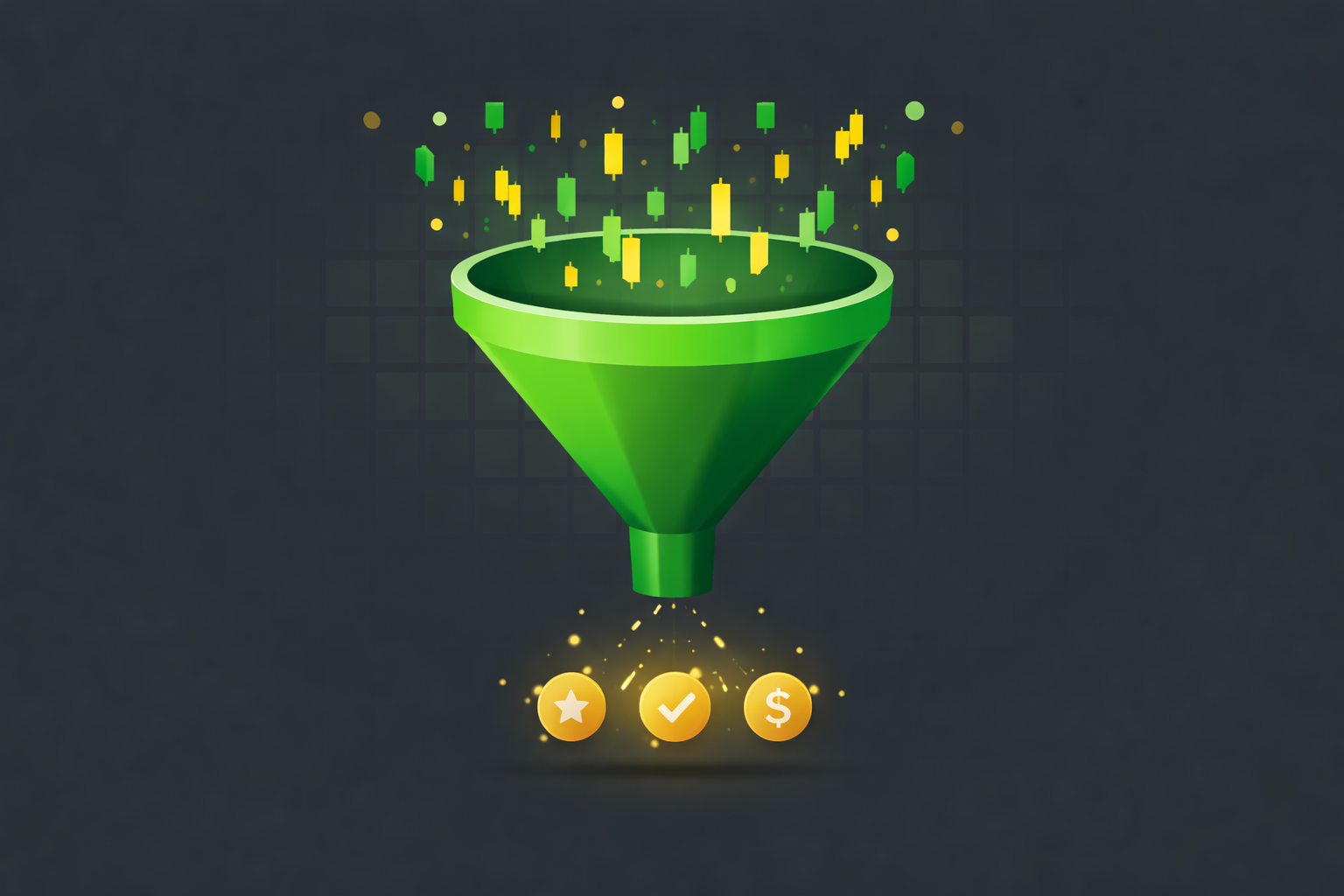 Minimalist illustration showing filtering funnel with stock symbols being refined through fundamental criteria in WSY green and gold palette