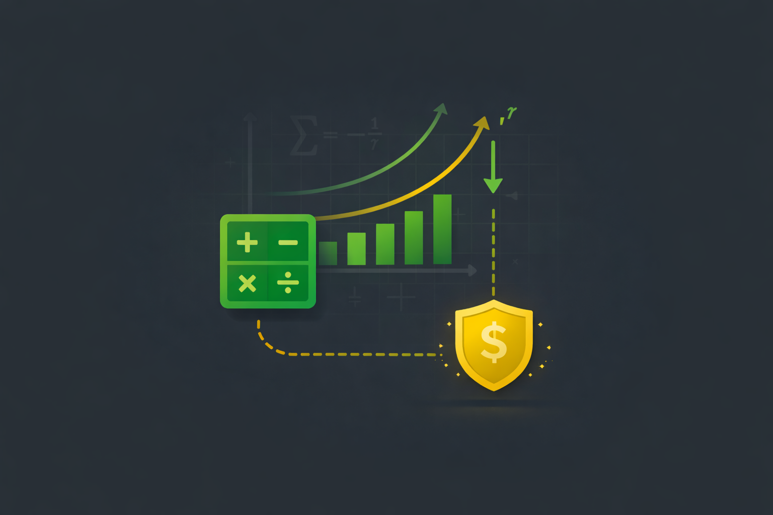 Minimalist illustration showing valuation calculation elements including growth curves and discount rates in WSY green and gold palette