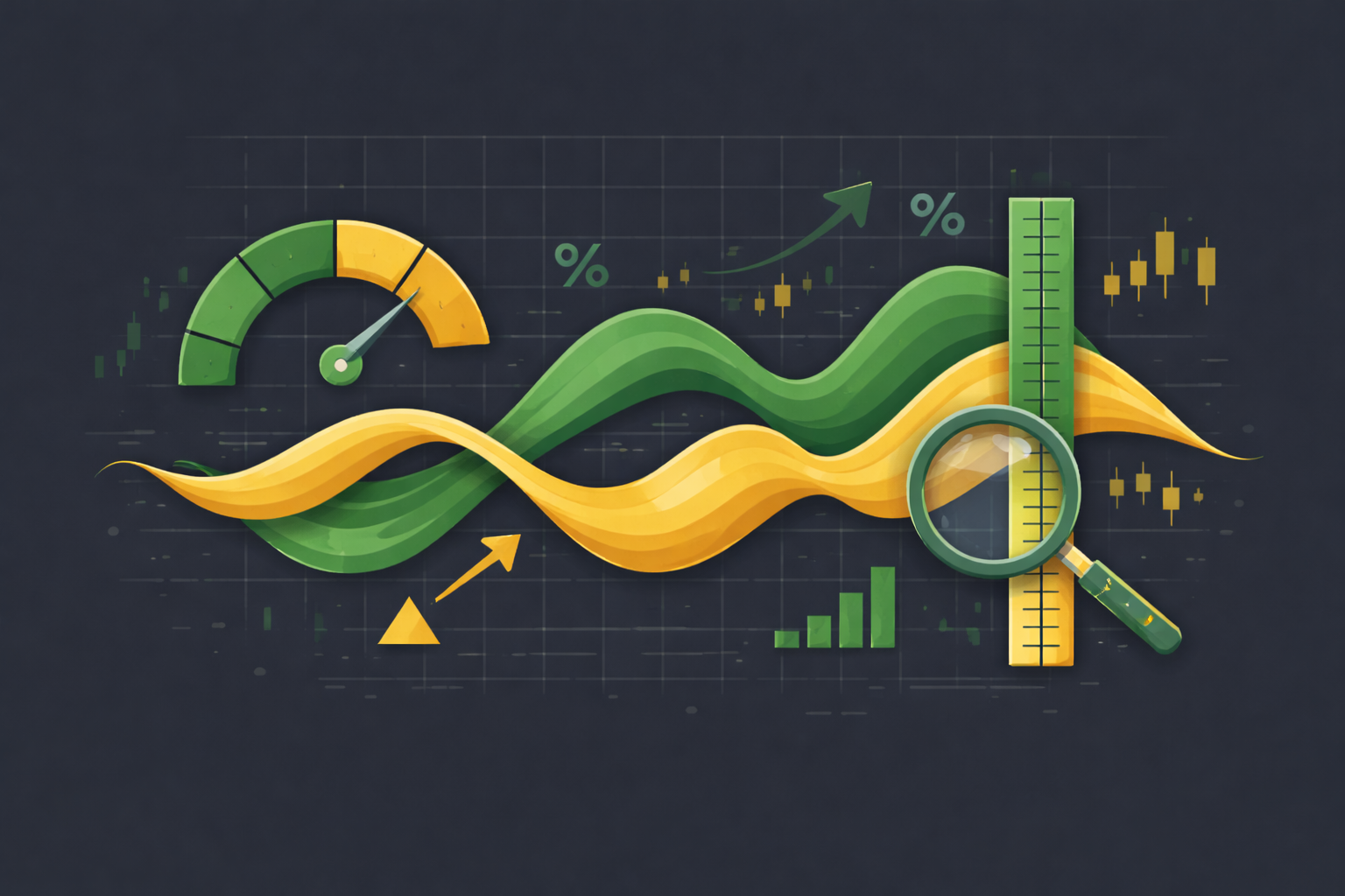 Minimalist illustration showing wave patterns with measurement tools, representing volatility tracking and timing