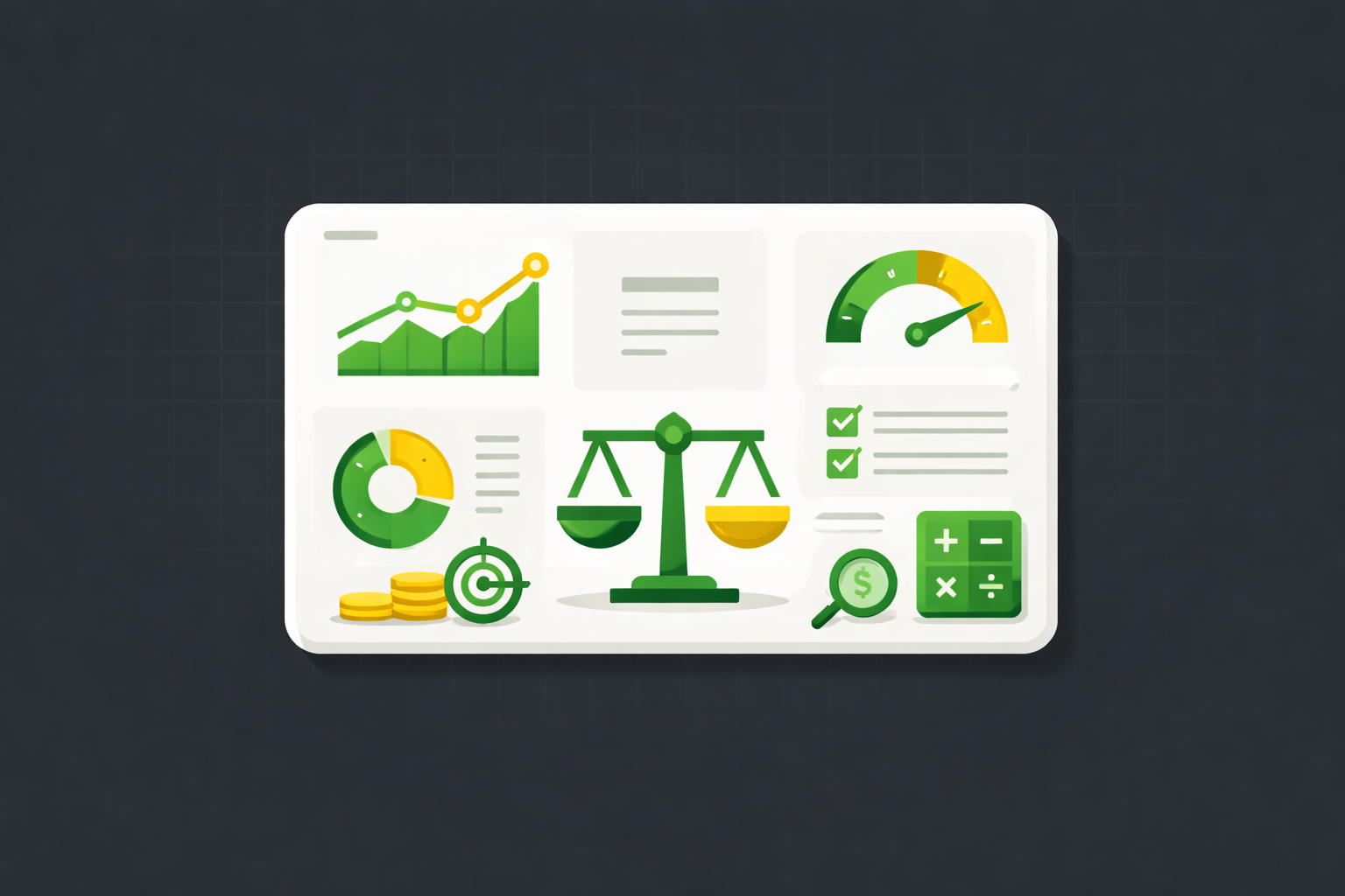 Minimalist illustration showing investment tools and analytics dashboard with WSY green and gold palette against deep gray background