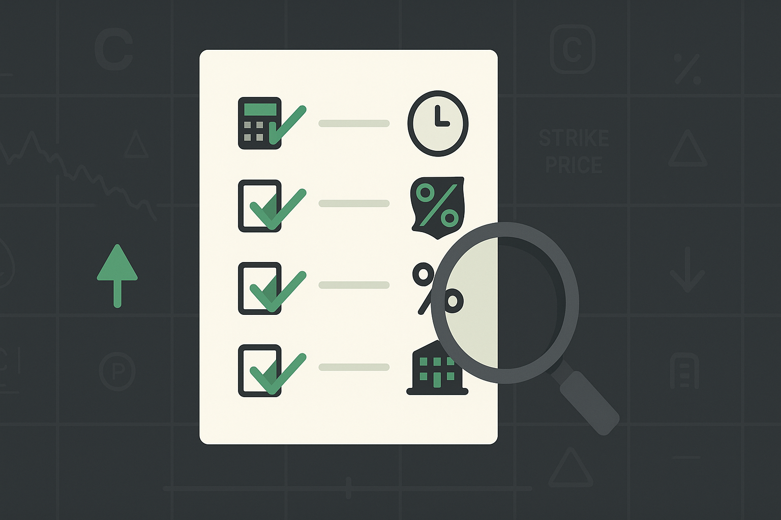 Minimalist checklist illustration with option contract elements and valuation checkmarks