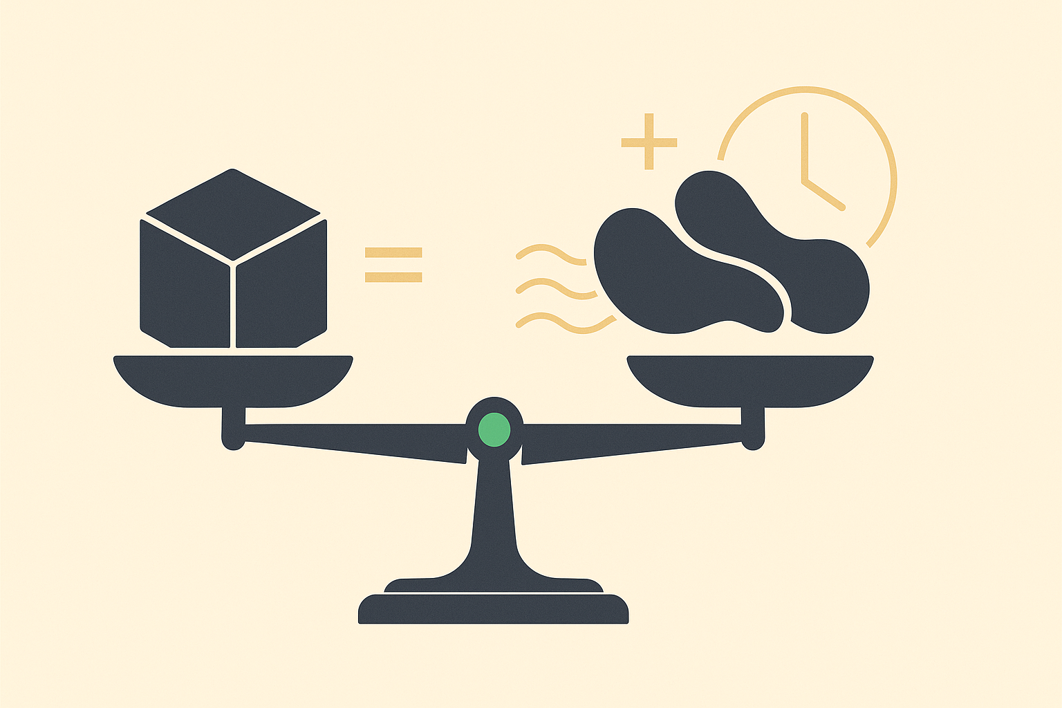 Minimalist illustration showing a balance scale weighing option components with pricing elements in WSY green palette