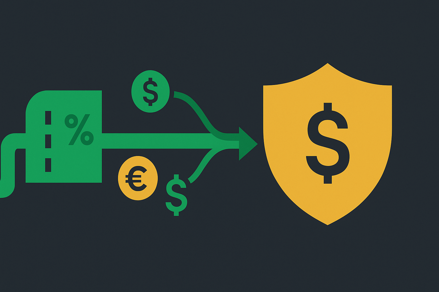 Minimalist illustration showing cash flow streams feeding into protective option shields in WSY green and gold palette