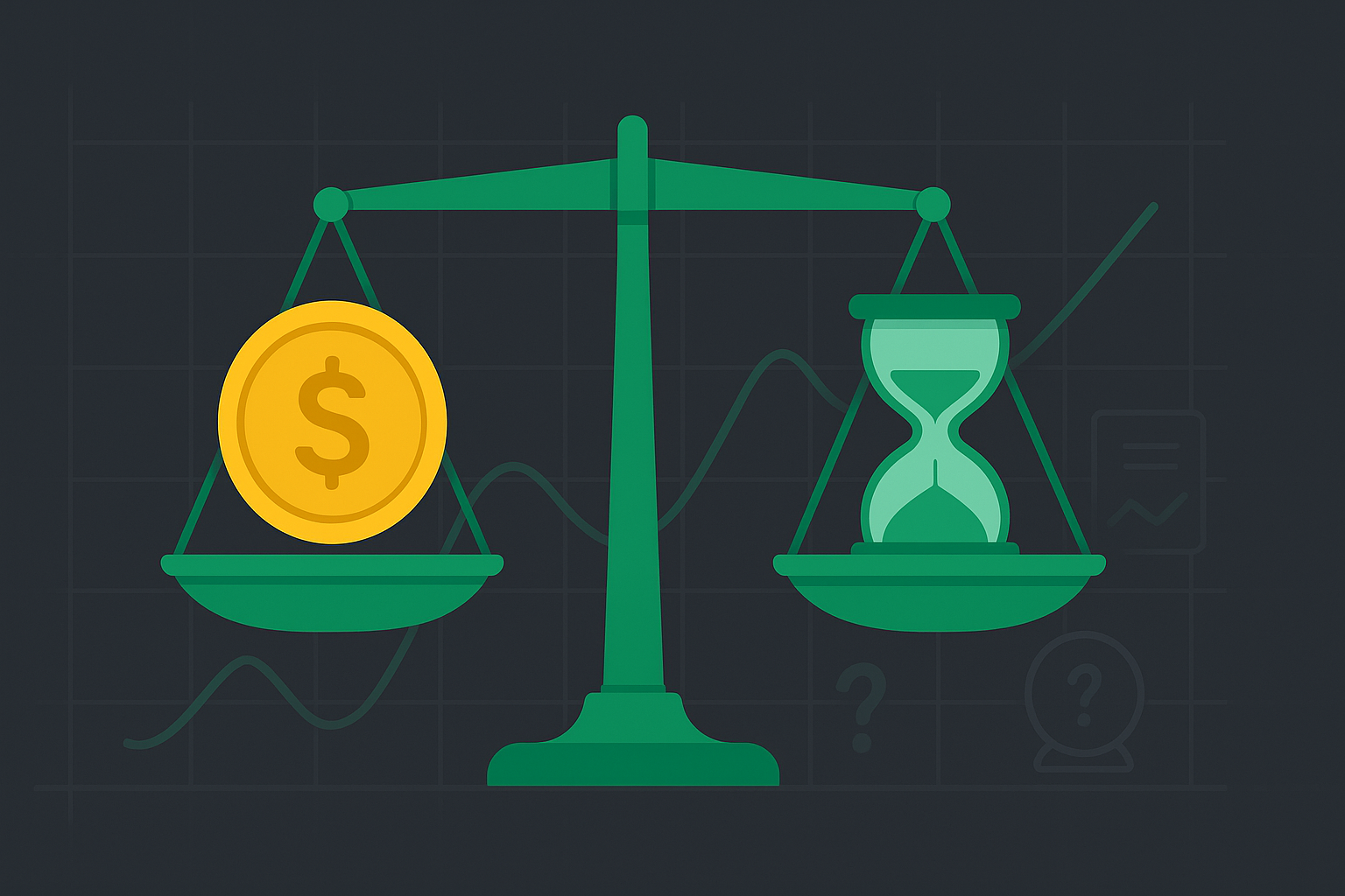 Minimalist illustration showing two distinct parts of an option's value using balance scales and currency symbols