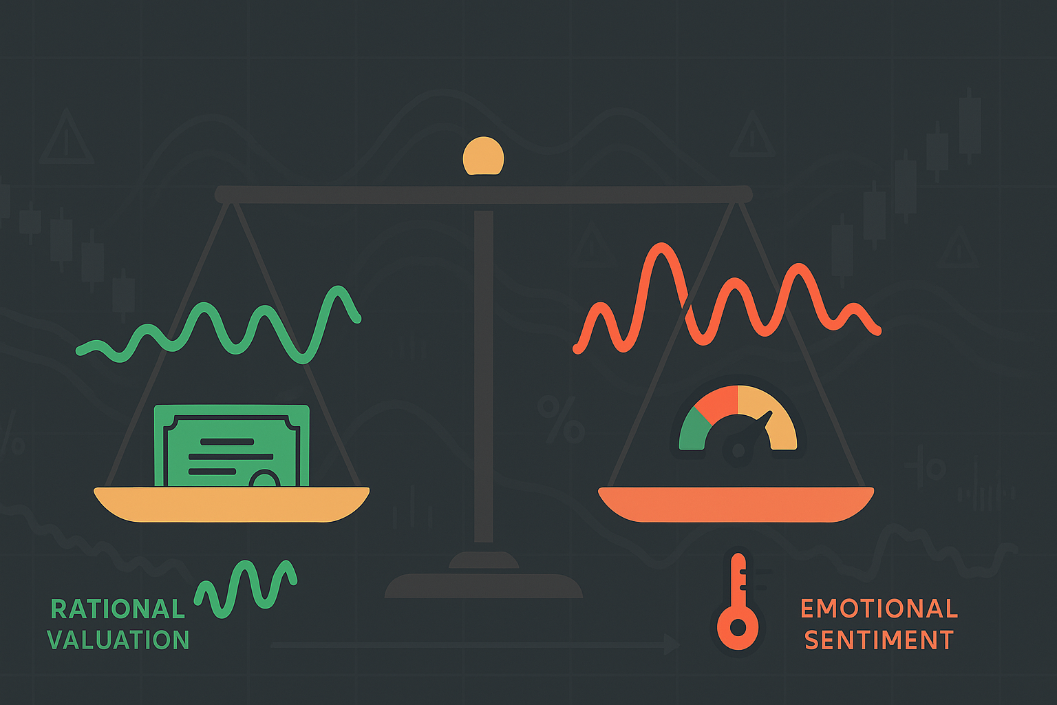 Minimalist illustration showing sentiment waves affecting option pricing with balanced scales