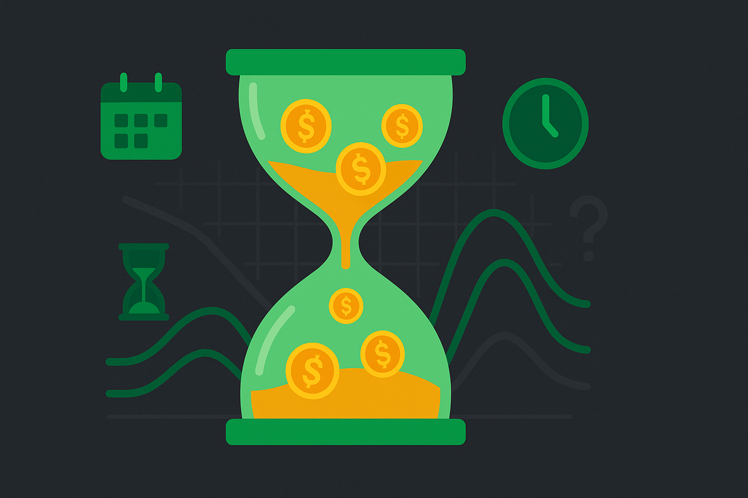Minimalist illustration showing an hourglass with currency flowing through it, symbolizing time's effect on option value