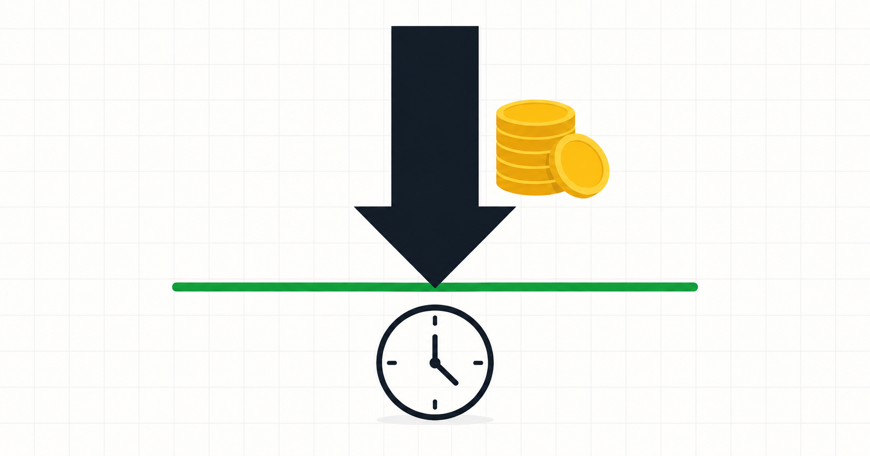 Arrow pointing downward toward a price target level on a simplified chart with premium coins collected above