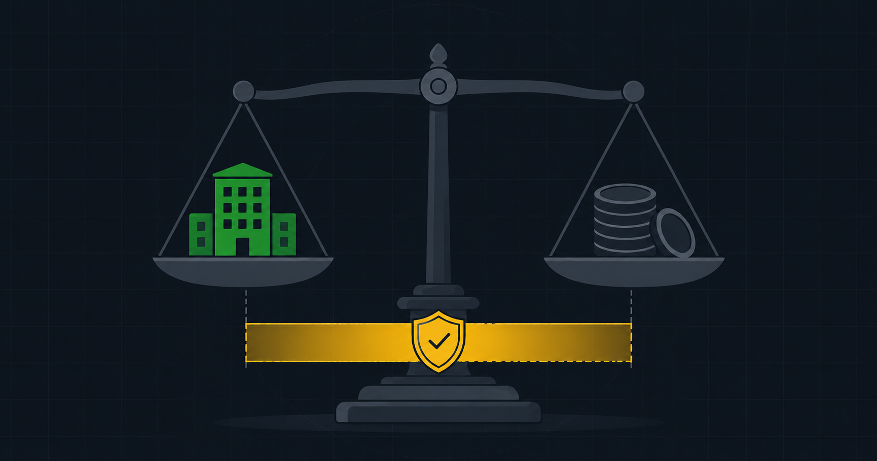 Balance scale weighing intrinsic value against current stock price with a safety buffer below