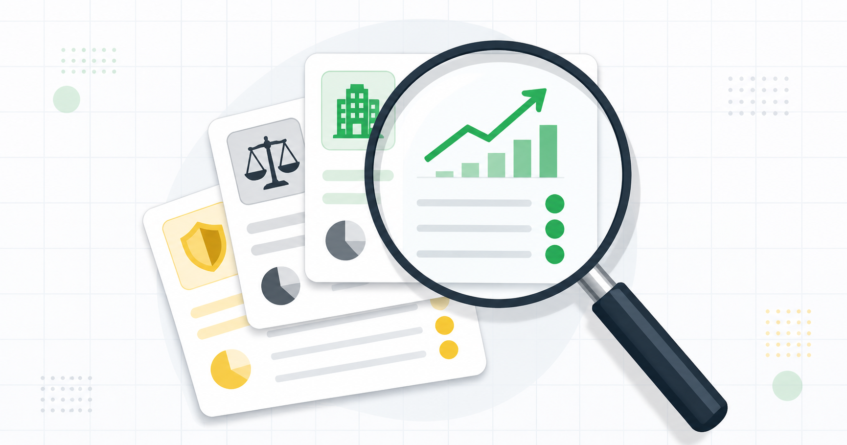 Magnifying glass examining company fundamentals with quality metrics and valuation indicators